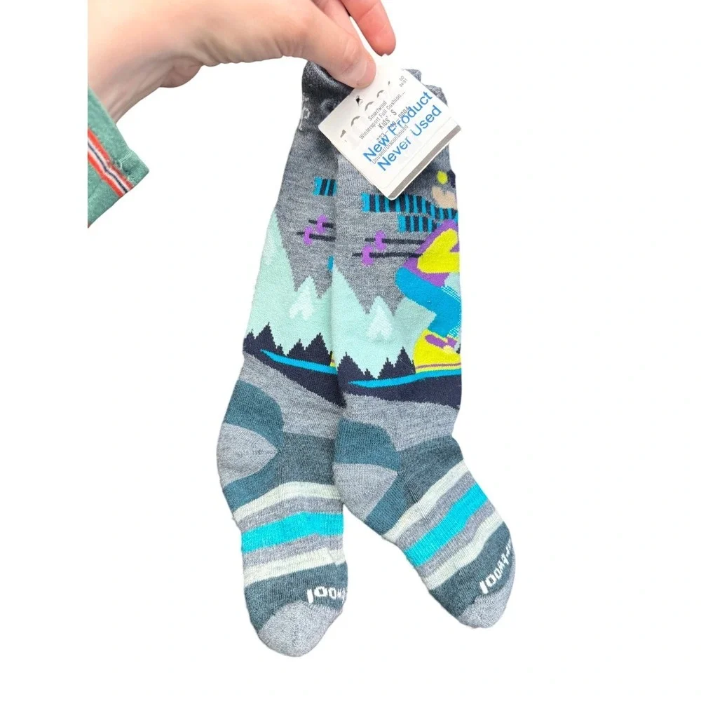 Smartwool Kids Wintersport Full Cushion Ski Socks‎ Gray Teal Moose Small NWT